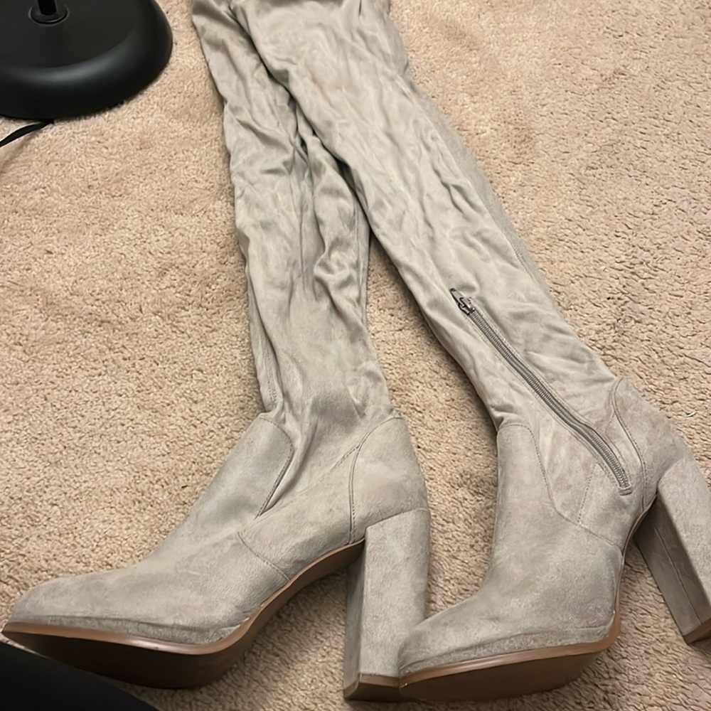 Gray thigh high boots